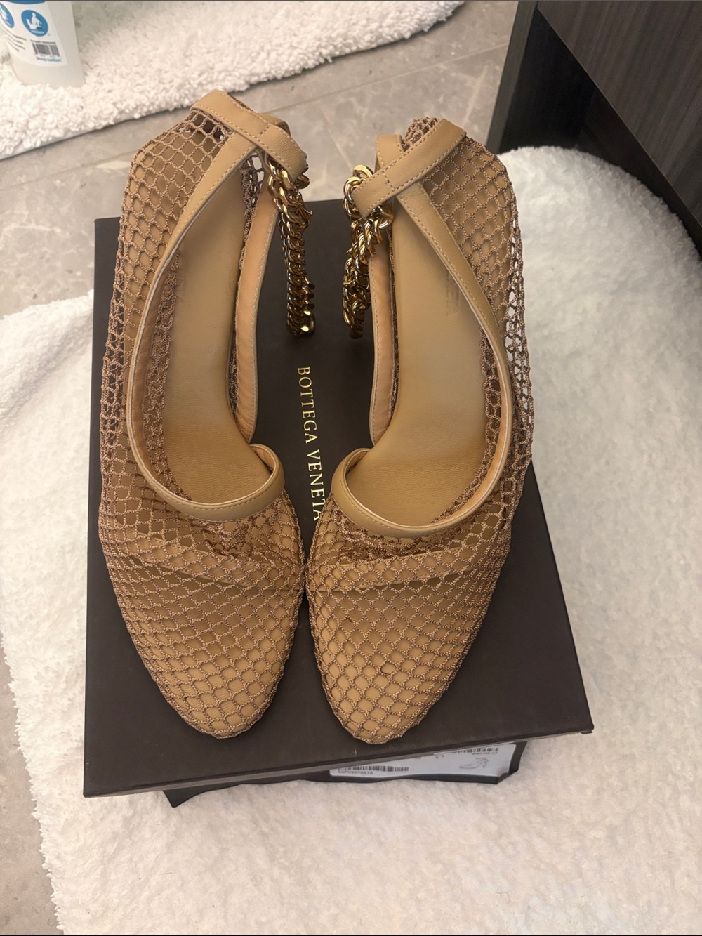 Bottega Veneta Beige Mesh Pointed Pumps with Gold Chain Ankle